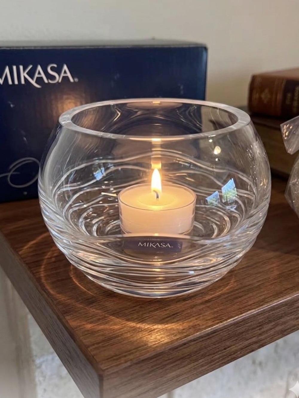 Mikasa Clear Swirl Glass Votive Votive or tealight holder & Bowring candle
New